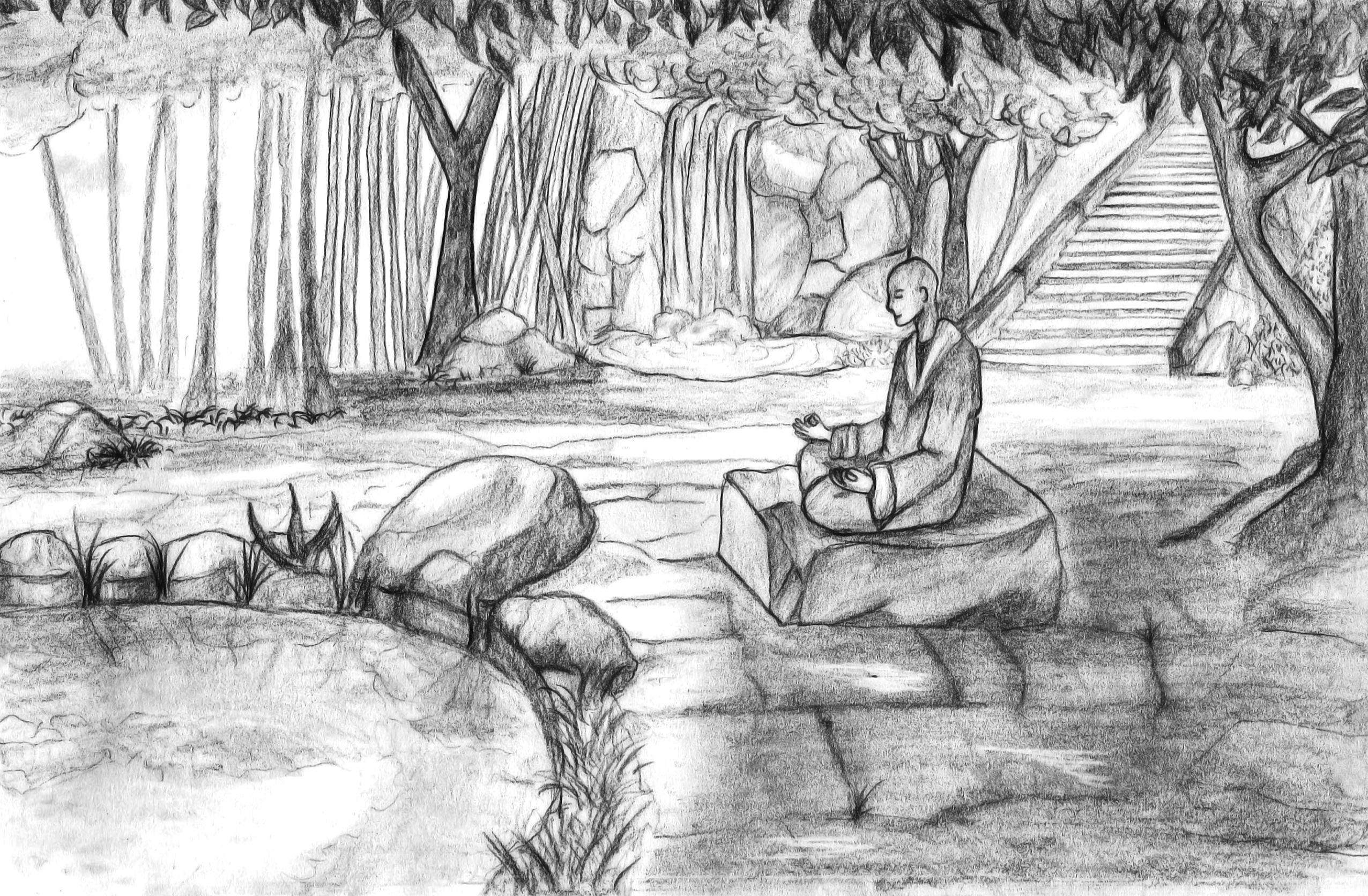 a monk meditates in a garden